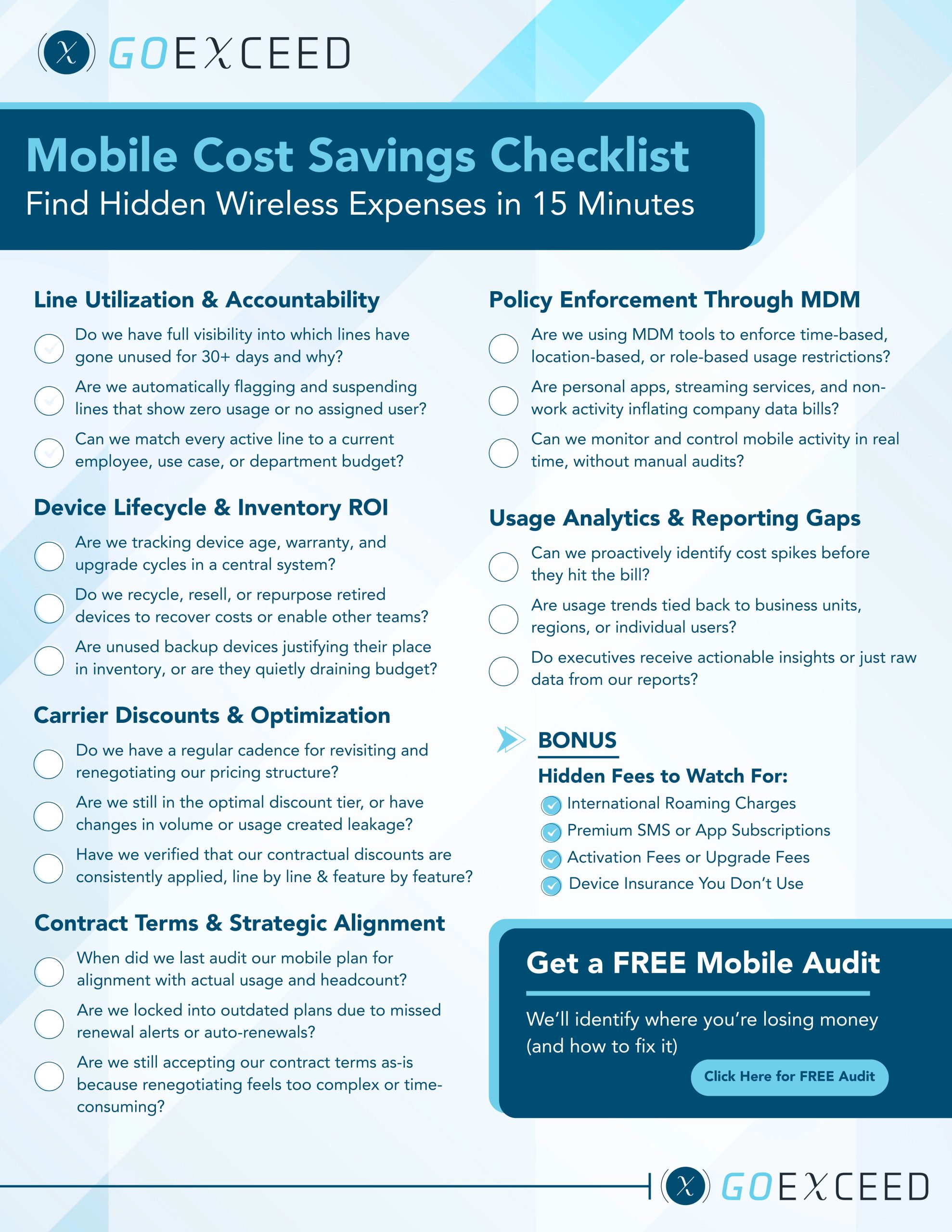 GoExceed Mobile Cost Savings Checklist – Identify hidden wireless expenses, optimize carrier plans, and reduce mobility costs